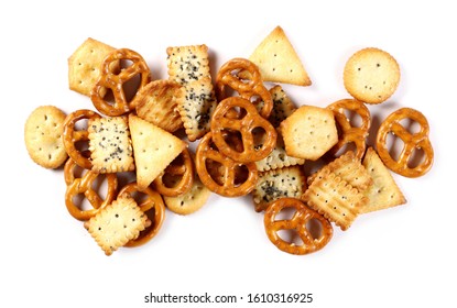 Salty Cracker And Pretzel Snacks, Party Mix Isolated On White Background, Top View