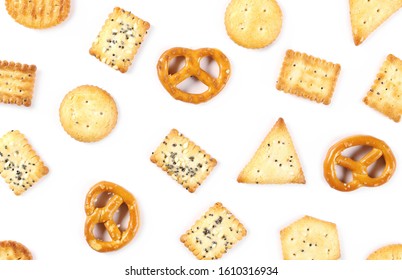 Salty Cracker And Pretzel Snacks, Party Mix Set And Collection Isolated On White Background, Top View