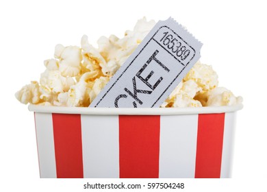 Salty Popcorn In A Box And Gray Movie Ticket, Isolated On White Background.