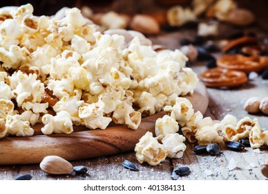 Salty Popcorn - Snack To Beer Or Cola, Selective Focus