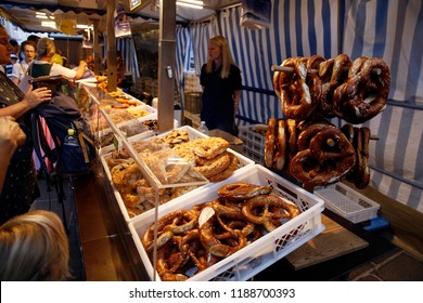 Salty Pretzels At A Stand At Street Food Market In Salzburg, Austria On Sep. 21, 2018