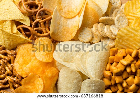 Salty snacks. Pretzels, chips, crackers