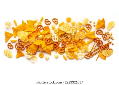 Salty snacks texture on a white background. Party food mix. Potato and tortilla chips, crackers and other appetizers, overhead flat lay shot - Shutterstock ID 2223321837