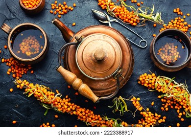 Salubrious autumn drink, tea with fresh sea buckthorn berries - Shutterstock ID 2223388917