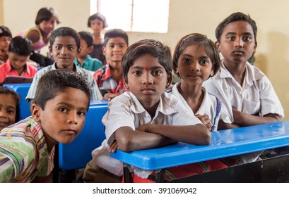 SALUNKWADI, INDIA - July 10, 2015: Primary School Children In The Class In Rural Village Salunkwadi, Ambajogai, Beed, Maharashtra, India, South East Asia.