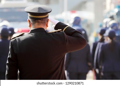 Saluting Japanese Police Officers In A Row, Ceremony