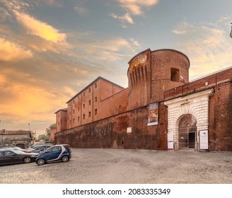 Saluzzo, Cuneo, Italy - October 19, 2021: Castile fortress (13th century) in Piazza Castello, was a prison now home to the Museum of Knightly Civilization and the Museum of Prison Memory