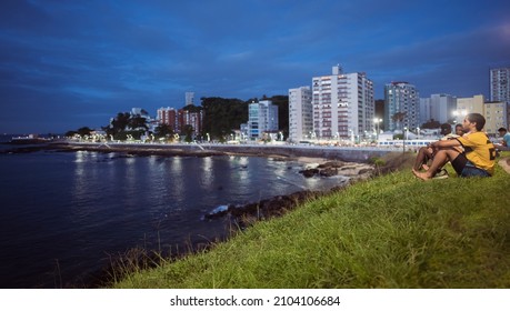 Salvador, Bahia, Brazil - 12.14.2021: Barra Lighthouse (Farol Da Barra) At Blue Hour Overlooking Salvador And All Saint's Bay (Baía De Todos Os Santos)