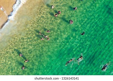 SALVADOR, BAHIA, BRAZIL - FEB 26, 2019: Porto Da Barra Beach, People Swimming On A Beautiful Emerald Green Water. 