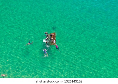 SALVADOR, BAHIA, BRAZIL - FEB 26, 2019: Porto Da Barra Beach, People Swimming On A Beautiful Emerald Green Water. 