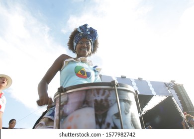 SALVADOR, BAHIA / BRAZIL - February 2, 2017: Dida Band members, percussionists are formed by women, seen during performance in the city of Salvador (BA). 