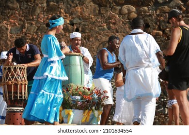 Salvador, Bahia, Brazil - February 2, 2015: Candomble Devotees And Supporters Of The African Matriaz Religion Pay Tribute To The Orixa Yemanja In The City Of Salvador.