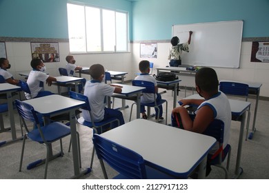 Salvador, Bahia, Brazil - February 22, 2022: Students And Teacher In A Public School Classroom In The City Of Salvador.