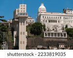 Salvador, Bahia, Brazil. Lacerda Elevator and Rio Branco Palace seen from downtown.