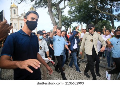 Salvador, Bahia, Brazil - March 16, 2022: Brazilian President Jair Bolsonaro During A Visit To Bonfim Church In The City Of Salvador.