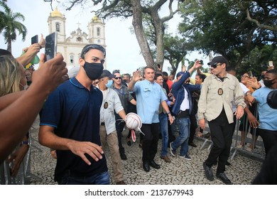 Salvador, Bahia, Brazil - March 16, 2022: Brazilian President Jair Bolsonaro During A Visit To Bonfim Church In The City Of Salvador.