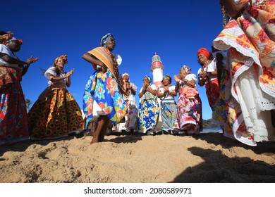 salvador, bahia, brazil - march 2, 2017: Members of the cultural group As Ganhadeiras de Itapua are seen at Farol de Itapua in the city of Salvador. 