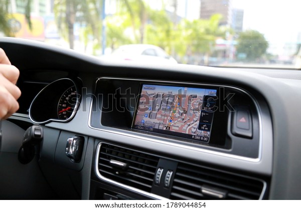 salvador, bahia\
/ brazil - may 4, 2015: internal view of the controls of the Audi\
A5 vehicle, in the city of\
Salvador.