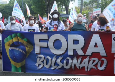 salvador, bahia, brazil - november 20, 2021: Member of trade union centrals and protesters, protest against the government of President Jair Bolsonaro in the city of Salvador.