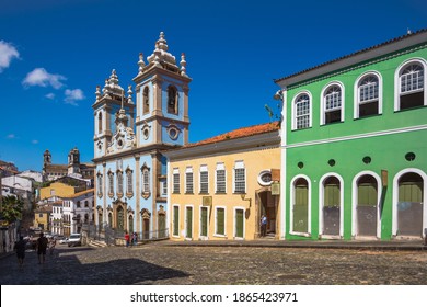 Salvador, Bahia, Brazil, November 2020 - View Of Some Beautiful Old Houses At The Pelourinho And The Church Our Lady Of Rosário Dos Preto (igreja De Nossa Senhora Do Rosário Dos Pretos)