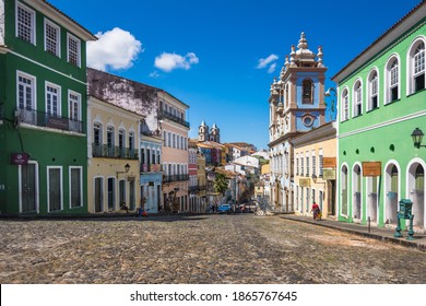 Salvador, Bahia, Brazil, November 2020 - View Of Some Beautiful Old Houses At The Pelourinho And The Church Our Lady Of Rosário Dos Preto (igreja De Nossa Senhora Do Rosário Dos Pretos)