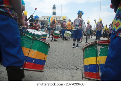 salvador, bahia, brazil - november 21, 2021: percussionist from the afro commanches bloc are seen during a demonstration to approve the carnival of Salvador.