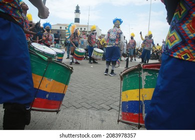 salvador, bahia, brazil - november 21, 2021: percussionist from the Commanches block giving a presentation during a protest demanding the realization of the carnival in the city of Salvador.