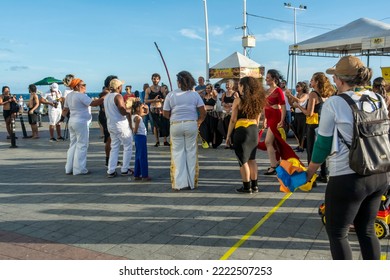 Salvador, Bahia, Brazil - October 22, 2022: People Perform Street Dance With Capoeira At Farol Da Barra Square In Salvador, Brazil.