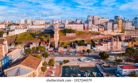 SALVADOR, BAHIA-BRAZIL- 01.18.2021. Aerial View Of The Elevador Lacerda(Lacerda Elevator) And Baía De Todos Os Santos (The Bay Of All Saints) At Sunset, Salvador, Bahia, Brazil.