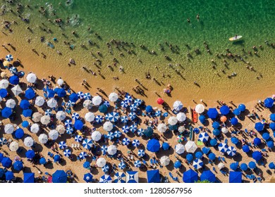 Salvador da Bahia, Brazil, aerial top view of umbrellas and people relaxing and bathing at Porto da Barra Beach on a sunny day, tropical summer, beach background.