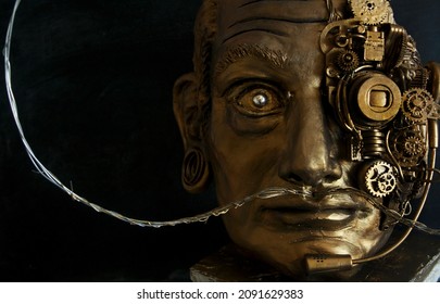 Salvador Dali portrait. Bronze Face sculpture with recycled materials. Steampunk style, metallic, cyborg, alternative vision.