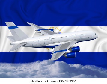 Salvador flag and white airplane   clouds  The concept tourist international passenger transportation 