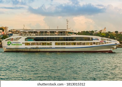 Salvador/Bahia/Brazil - 01 10 2018: Ferry Boat Named Ivete Sangalo Sailing Near The City Of Salvador, Brazil