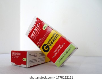 Salvador/Bahia/Brazil - 07 17 2020: Parasite Medicine Boxes Stacked On A Table