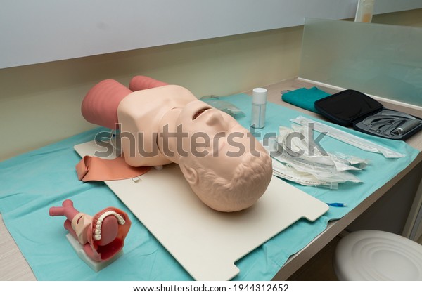 Salvation of life in emergency situations.\
Equipment for the exam about tracheostomy. Medical students take\
exams, background medical\
mannequins
