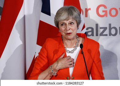 Salzburg, Austria 20th Sep. 2018. Prime Minister of the UK, Theresa May gives a press conference on the results of Informal meeting of the 28 heads of state or government.