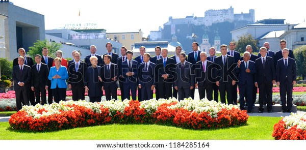 Salzburg, Austria\
20th Sep. 2018. Heads of state or government countries of Euroepan\
Union pose for family photo during the informal meeting of the 28\
heads of state or\
government.