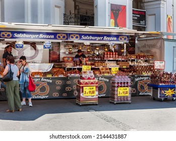 Salzburg, Austria, August 22,2008: Salty Pretzels At A Stand At Street Food Open Market - Salzburger Brezen In Salzburg, Austria