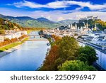 Salzburg, Austria. Beautiful view of Salzburg skyline with Hohensalzburg castle, oldtown and Salzach River.