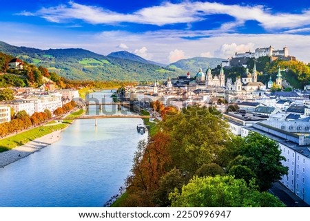 Salzburg, Austria. Beautiful view of Salzburg skyline with Hohensalzburg castle, oldtown and Salzach River.