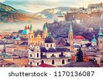 Salzburg, Austria, Europe. City in Alps of Mozart birth.  Panoramic view of Salzburg skyline with Festung Hohensalzburg and in autumn. Famous town and popular international travel destination.