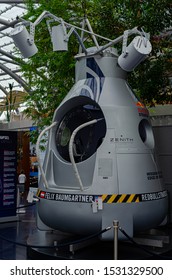 Salzburg / Austria January 19, 2019: Red Bull Stratos For Felix Baumgartner Exhibited In Red Bull Hangar 7 Museum In Salzburg.