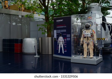 Salzburg / Austria January 19, 2019: Red Bull Stratos And Felix Baumgartner Space Suit Exhibited In Red Bull Hangar 7 Museum In Salzburg.