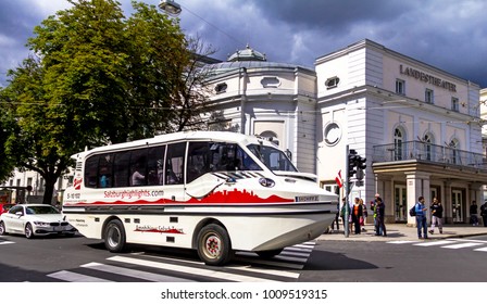 Salzburg, Austria - July 15, 2017: Amphibian Car Near State Theater ( Salzburger Landestheater), Home To Opera, Theatre, Dance And Theatre For Young Audiences, At Cloudy Summer Day