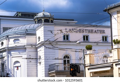 Salzburg, Austria - July 15, 2017: State Theater ( Salzburger Landestheater), Home To Opera, Theatre, Dance And Theatre For Young Audiences, At Cloudy Summer Day.