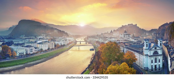 Salzburg, Austria. Panoramic Image Of The Salzburg During Autumn Sunrise.