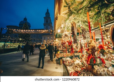 Salzburg Christmas Market In Residenzplatz At Night