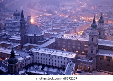 Salzburg City, Church And River Salzach In Snow During Christmas And New Year Austria