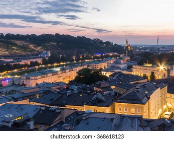 Salzburg City Skyline, Aerial View Of Mozart-Wohnhaus, Pfarre Mulln, Salzburger Landestheater, Dreifaltigkeitskirche, Mozarteum University Of Salzburg, Hotel Sacher Salzburg, Hotel Bristol, Austria