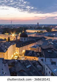 Salzburg City Skyline, Aerial View Of Mozart-Wohnhaus, Pfarre Mulln, Salzburger Landestheater, Dreifaltigkeitskirche, Mozarteum University Of Salzburg, Hotel Sacher Salzburg, Hotel Bristol, Austria